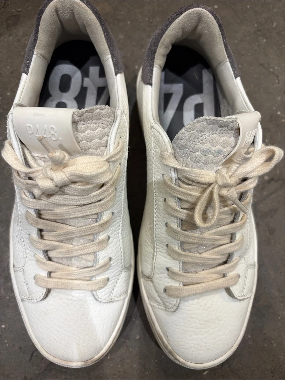 P448 Women’s Off white Laces & White Leather Low-Top Sneakers with Gray Heel